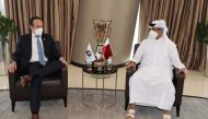 Qatar Football Association (QFA) President Sheikh Hamad bin Khalifa bin Ahmed Al Thani with his Ecuadorian counterpart Francisco Egas during a meeting held at the QFA Headquarters.