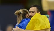 Ukraine's Nazar Chapurny celebrates after qualifying for the MAG Vault final, yesterday.
