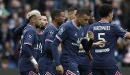March 13, 2022 Paris St Germain's Neymar celebrates scoring their second goal with Lionel Messi and teammates REUTERS/Benoit Tessier
