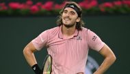 Stefanos Tsitsipas (GRE) reacts after missing a shot in his third round match against Jenson Brooksby (not pictured) during the BNP Paribas Open at the Indian Wells Tennis Garden. Mandatory Credit: Jayne Kamin-Oncea-USA TODAY Sports