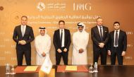 Arab Gulf Cup Football Federation President Sheikh Hamad bin Khalifa bin Ahmed Al Thani, Co-President, Media & Events at IMG Adam Kelly and officials during the partnership signing ceremony.