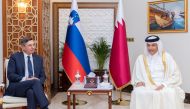 Speaker of the Shura Council H E Hassan bin Abdullah Al Ghanim with Slovenian President H E Borut Pahor during his visit to the Council, yesterday. 