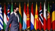 Canada's Prime Minister Justin Trudeau leaves NATO Headquarters following a NATO summit on Russia's invasion of Ukraine, in Brussels, Belgium March 24, 2022. REUTERS/Henry Nicholls/Pool
