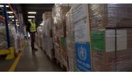 FILE PHOTO: WHO medical aid for Ukraine is stored in a warehouse after arriving at Warsaw Chopin Airport, Poland in this screengrab obtained from a video by Reuters on March 3, 2022. WHO/Handout via REUTERS
