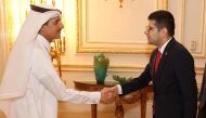 H E Sheikh Dr. Khalid bin Thani bin Abdullah Al Thani, Chairman of the Board of Directors of Qatar International Islamic Bank (QIIB), receiving H E Ahmet Burak Daglioğlu, President of the Investment Office of the Turkish Presidency. 
