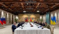 Members of the Ukrainian delegation attend the talks with Russian negotiators, as Russia's attack on Ukraine continues, in Istanbul, Turkey March 29, 2022. Ukrainian Presidential Press Service/Handout via Reuters