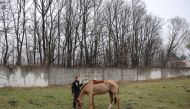 A volunteer from the Ukrainian Equestrian Federation Charity takes Karpilon, an injured show jumping horse that was recently rescued and transferred from the Kyiv region, out for a walk as Russia's attack on Ukraine continues, in Lviv region, Ukraine, April 1, 2022. REUTERS/Joseph Campbell