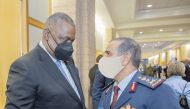Chief of Staff of Qatar Armed Forces Staff Lieutenant General (Pilot) H E Salem bin Hamad bin Aqeel Al Nabit with US Secretary of Defence H E Lloyd Austin.