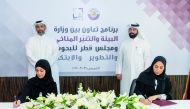 Minister of Environment and Climate Change, H E Sheikh Dr. Faleh bin Nasser Al Thani and Secretary-General of the QRDI Council, Eng. Omar Ali Al Ansari witnessing the signing ceremony.