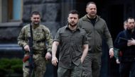 Ukrainian President Volodymyr Zelenskiy arrives for a meeting with Austrian Chancellor Karl Nehammer, as Russia's attack on Ukraine continues, in Kyiv, Ukraine on April 9, 2022. 