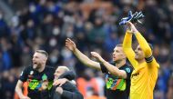 Inter Milan's Edin Dzeko celebrates with teammates after the match REUTERS/Daniele Mascolo
