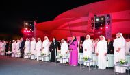 Minister of Environment and Climate Change H E Sheikh Dr. Faleh bin Nasser bin Ahmed bin Ali Al Thani (third right); Minister of Social Development and Family H E Mariam bint Ali bin Nasser Al Misnad (sixth right); Chairperson of QLC Board of Directors, H E Sheikha Al Mayassa bint Hamad bin Khalifa Al Thani (fourth right); Chairman Qatari Businessmen Association Sheikh Faisal bin Qassim Al Thani (fifth right); and other officials attending the Qatar Leadership Centre event. 