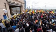 Protestors shout slogans during a protest against Sri Lanka's President Gotabaya Rajapaksa in front of the Presidential Secretariat, amid the country's economic crisis in Colombo, Sri Lanka, April 9, 2022. REUTERS/Dinuka Liyanawatte
