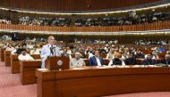 Pakistan's prime minister-elect Shehbaz Sharif speaks after winning a parliamentary vote to elect a new prime minister, at the national assembly, in Islamabad, Pakistan April 11, 2022. Press Information Department (PID)/Handout via REUTERS


