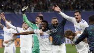 Real Madrid's Karim Benzema, Thibaut Courtois, Vinicius Junior, Luka Modric and teammates celebrate reaching the Champions League final after the match REUTERS/Juan Medina
