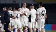 AC Milan's Zlatan Ibrahimovic with teammates celebrate after the match REUTERS/Alessandro Garofalo
