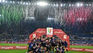 General view as Inter Milan players celebrate winning the Coppa Italia with the trophy REUTERS/Alberto Lingria
