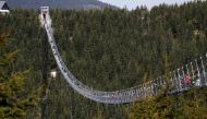 People walk across the newly-built world's longest suspension bridge after its official opening in the mountain resort of Dolni Morava, Czech Republic, May 13, 2022. REUTERS/David W Cerny