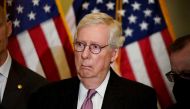 FILE PHOTO: U.S. Senate Minority Leader Mitch McConnell (R-KY) listens as another Republican senator speaks to reporters following the Senate Republicans weekly policy lunch at the U.S. Capitol in Washington, U.S., May 10, 2022. REUTERS/Elizabeth Frantz/File Photo
