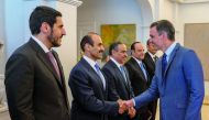 Prime Minister of the Kingdom of Spain H E Dr. Pedro Sanchez welcoming Qatari delegation at the headquarters of the government at the Palace of Moncloa.