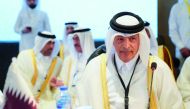 Speaker of the Shura Council H E Hassan bin Abdullah Al Ghanim addressing the emergency conference of Arab Inter-Parliamentary Union.