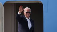 US President Joe Biden gestures as he departs for Japan at Osan Air Base in Pyeongtaek, South Korea, May 22, 2022. Reuters/Kim Hong-Ji/Pool