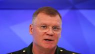 Chief of the directorate of media service and information of the Russian Defence Ministry, Major-General Igor Konashenkov speaks during a news conference, dedicated to the crash of the Malaysia Airlines Boeing 777 plane operating flight MH17 downed in eastern Ukraine in 2014, in Moscow, Russia September 17, 2018. REUTERS/Maxim Shemetov

