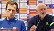 UAE coach Rodolfo Arruabarrena (left) and Australia coach Graham Arnold during pre-match press conferences, yesterday.
