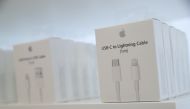 FILE PHOTO: USB-C to Lightning Cable adapters are seen at a new Apple store in Chicago, Illinois, U.S., October 19, 2017. REUTERS/John Gress