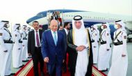 Chairman of Yemeni Presidential Leadership Council H E Rashad Muhammad Al Alimi with Minister of State for Foreign Affairs H E Sultan bin Saad Al Muraikhi at Doha International Airport. 
