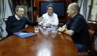French President Emmanuel Macron, German Chancellor Olaf Scholz and Italian Prime Minister Mario Draghi travel on board a train bound to Kyiv after departing from Poland, June 16, 2022. Ludovic Marin/Pool via Reuters