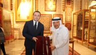 Prime Minister of Georgia, H E Irakli Garibashvili and Sheikh Faisal bin Qassim Al Thani showing the ancient Georgian sword.