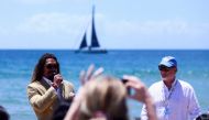 American actor and environmental activist Jason Momoa (left) and Peter Thomson, the United Nations Special Envoy for the Ocean, at a Portuguese Carcavelos beach ahead of the United Nations Ocean Conference in Lisbon, Portugal, on June 26, 2022. (Reuters/Pedro Nunes)