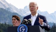 US President Joe Biden speaks next to Canadian Prime Minister Justin Trudeau during the first day of the G7 leaders' summit at Bavaria's Schloss Elmau castle, near Garmisch-Partenkirchen, Germany, on June 26, 2022. (Reuters/Lukas Barth)
