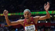 Venezuela's Yulimar Rojas celebrates winning gold and setting a new world record in the women's triple jump final during the World Athletics Indoor Championships at Stark Arena, Belgrade, Serbia, on March 20, 2022. (Reuters/Aleksandra Szmigiel)