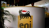 The logo of Italian energy company Eni is seen on a booth stand during the Nigeria International Petroleum Summit in Abuja, Nigeria, on February 11, 2020. (Reuters)