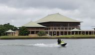 Security personnel patrol on a jet ski in the premises of the Parliament building, as voting begins to elect the new President, amid the country's economic crisis, in Colombo, Sri Lanka July 20, 2022. REUTERS/Adnan Abidi