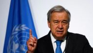 UN Secretary-General Antonio Guterres gestures while speaking during the opening of the 2022 UN Ocean Conference in Lisbon, Portugal, June 27, 2022. REUTERS/Pedro Nunes/

