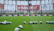 General view of Rugby balls before the match at the Aviva Stadium, Dublin, Ireland, November 13, 2021. (REUTERS/Clodagh Kilcoyne)