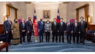 Taiwan President Tsai Ing-wen meets U.S. Senator Ed Markey and other members of the U.S. congressional delegation at the presidential office in Taipei, Taiwan in this handout image released August 15, 2022. Taiwan Presidential Office/Handout via REUTERS ATTENTION EDITORS - THIS IMAGE WAS PROVIDED BY A THIRD PARTY. NO RESALES. NO ARCHIVES.