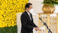 Japan's Prime Minister Fumio Kishida speaks during a memorial service marking the 77th anniversary of Japan's surrender in World War II at the Nippon Budokan hall in Tokyo, Japan, August 15, 2022. (Yuichi Yamazaki/Pool via REUTERS)