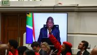 South African President Cyril Ramaphosa addresses the Parliament virtually, in Cape Town, South Africa, on August 30, 2022. REUTERS/Esa Alexander