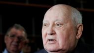 Former Soviet President Mikhail Gorbachev addresses the audience after the Russian premiere of the documentary film 