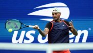 Nick Kyrgios of Australia hits a return during his match against Daniil Medvedev on day seven of the 2022 US Open at the USTA Billie Jean King Tennis Center in Flushing, New York, on September 4, 2022. Mandatory Credit: Danielle Parhizkaran-USA TODAY Sports