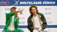 Mutaz Barshim and Gianmarco Tamberi during a press conference. 