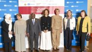 H H Sheikha Moza bint Nasser, Chairperson of Education Above All Foundation; Audrey Azoulay, Director-General of Unesco; and other dignitaries at the Unesco headquarters, in Paris, yesterday. 