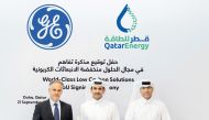 Minister of State for Energy Affairs, the President and CEO of QatarEnergy H E Saad Sherida Al Kaabi, with Ahmad Saeed Al Amoodi, QatarEnergy’s Executive Vice-President, Surface Development & Sustainability and Joseph Anis, President and CEO of GE Gas Power Europe, Middle East, and Africa, during the MoU signing ceremony, in Doha, yesterday. 