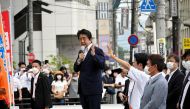 Former Japanese Prime Minister Shinzo Abe makes a speech before he was shot from behind by a man in Nara, western Japan on July 8, 2022 in this photo taken by The Asahi Shimbun.  File Photo / Reuters