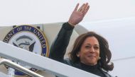 US Vice President Kamala Harris boards Air Force 2 for travel to Japan and South Korea from Joint Base Andrews, Maryland, US, on September 25, 2022. (REUTERS/Leah Millis)