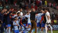 Spain players and coach Luis Enrique celebrate after their UEFA Nations League Group B match against Portugal at the Estadio Municipal de Braga, Braga, Portugal, on September 27, 2022. 
REUTERS/Pedro Nunes